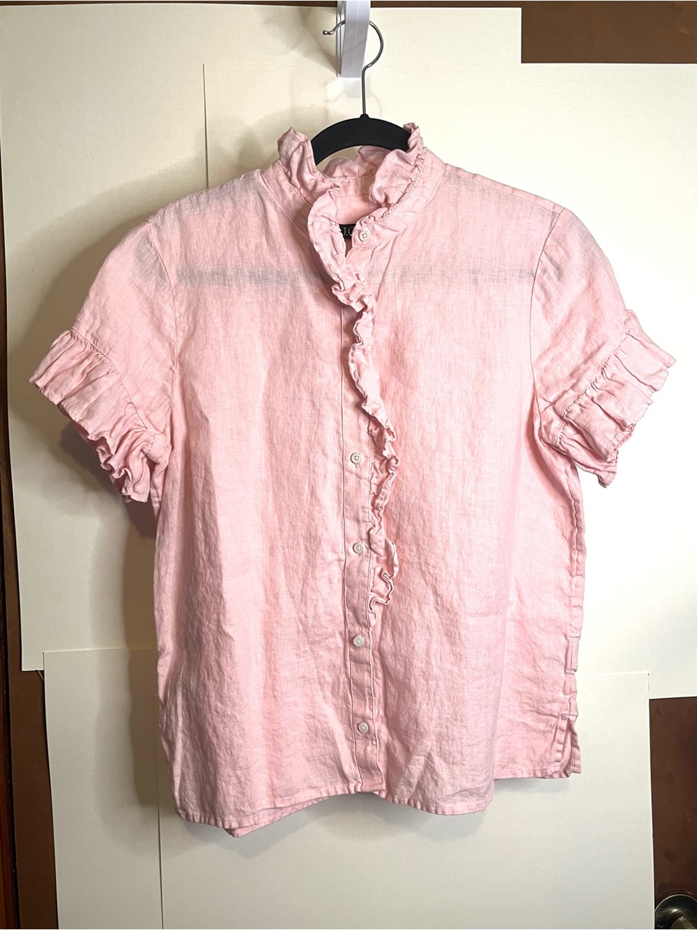J. Crew Women’s Size 8 Pale Pink Linen Ruffled Short Sleeve Button-Down Shirt